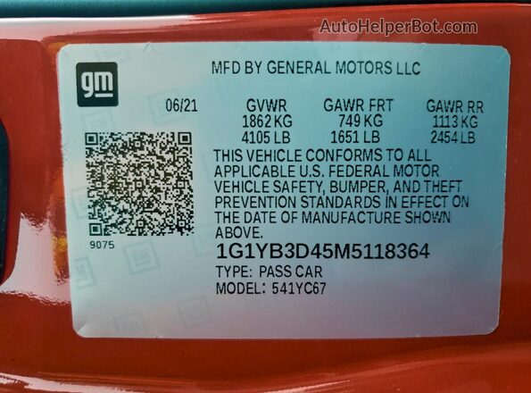 1G1YB3D45M5118364 2021 CHEVROLET CORVETTE Красный Вид наклейки с VIN-кодом