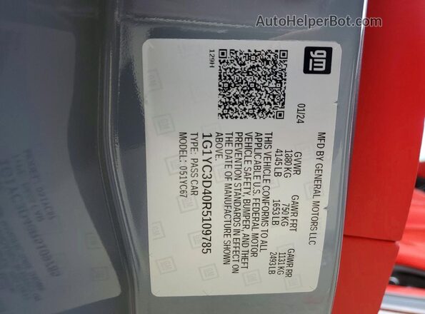 1G1YC3D40R5109785 2024 CHEVROLET CORVETTE Gray Вид наклейки з VIN-кодом