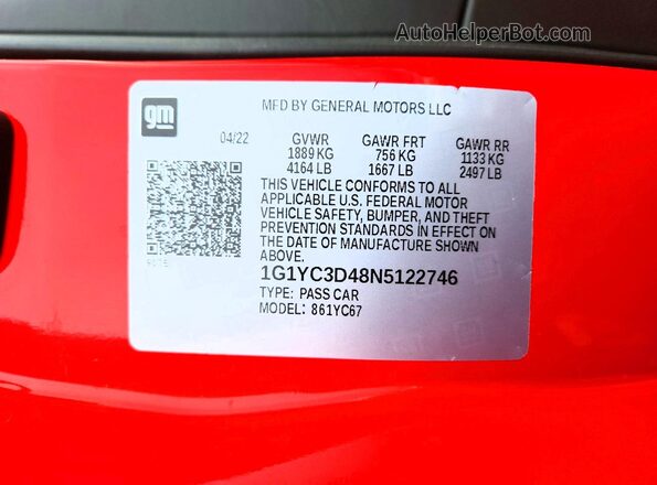 1G1YC3D48N5122746 2022 CHEVROLET CORVETTE Red Vista de la etiqueta del VIN