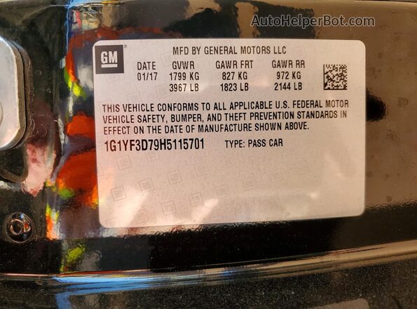 1G1YF3D79H5115701 2017 CHEVROLET CORVETTE Blue VIN կոդի պիտակի տեսք