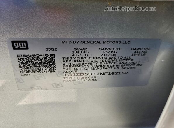1G1ZD5ST1NF162152 2022 CHEVROLET MALIBU Серебряный Вид наклейки с VIN-кодом