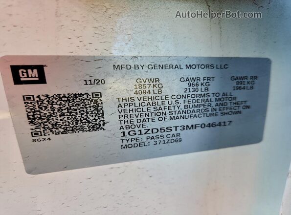 1G1ZD5ST3MF046417 2021 CHEVROLET MALIBU White VIN კოდის სტიკერის ხედი