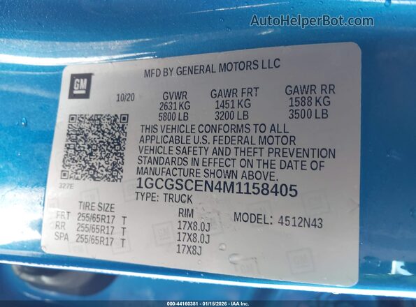 1GCGSCEN4M1158405 2021 CHEVROLET COLORADO Blue 