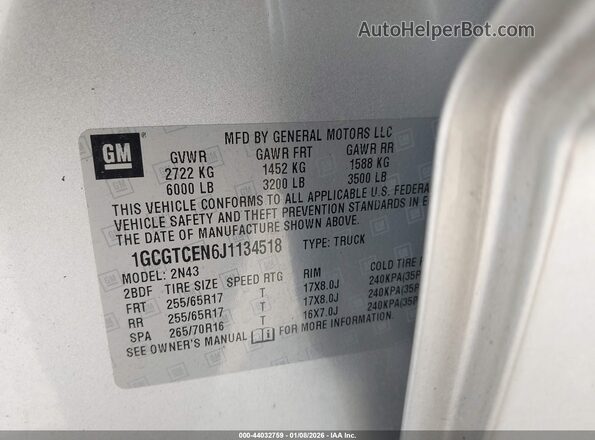 1GCGTCEN6J1134518 2018 CHEVROLET COLORADO Silver 
