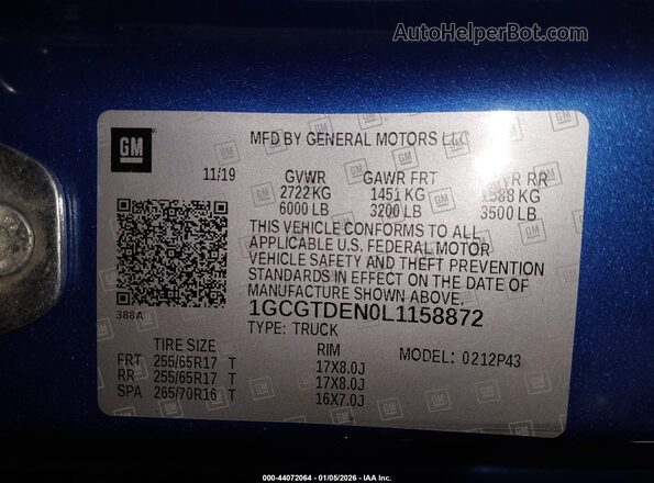 1GCGTDEN0L1158872 2020 CHEVROLET COLORADO Blue Vista del compartimento del motor