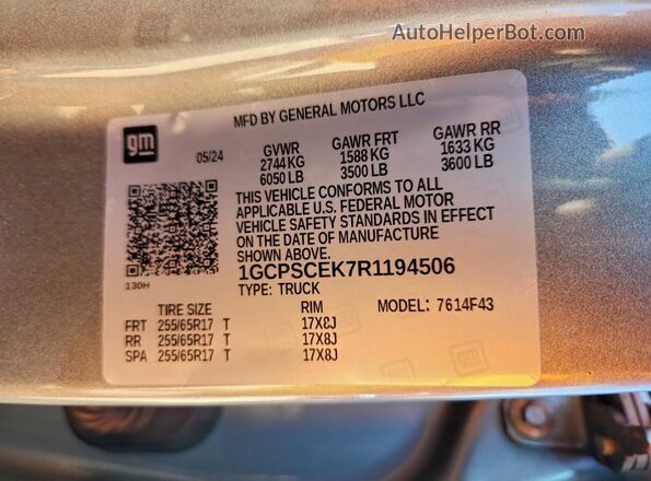 1GCPSCEK7R1194506 2024 CHEVROLET COLORADO Gray VIN sticker view