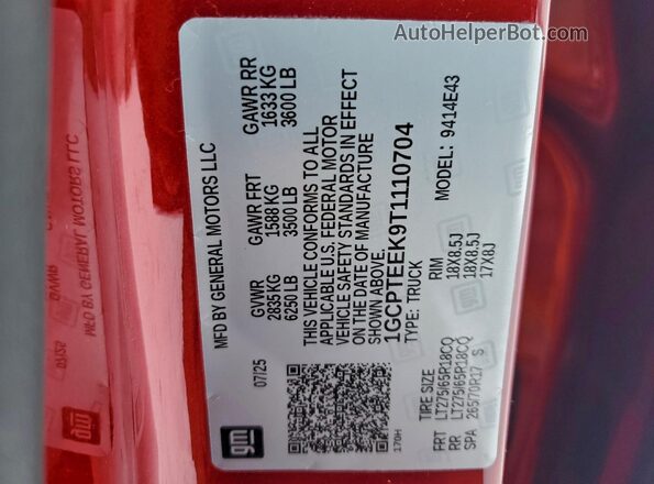 1GCPTEEK9T1110704 2026 CHEVROLET COLORADO Red VIN კოდის სტიკერის ხედი