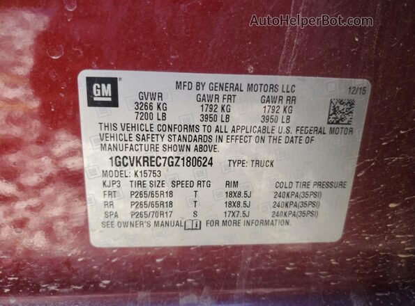 1GCVKREC7GZ180624 2016 CHEVROLET 1500 Burgundy VIN sticker view