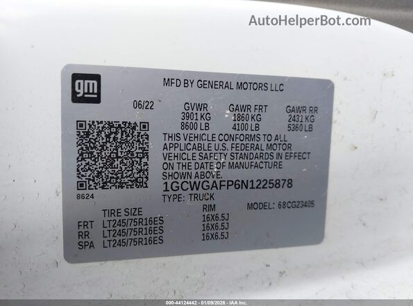 1GCWGAFP6N1225878 2022 CHEVROLET EXPRESS White Вид наклейки з VIN-кодом