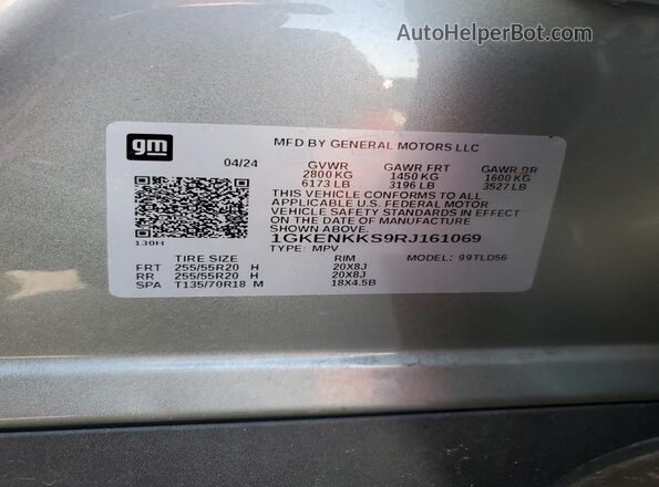 1GKENKKS9RJ161069 2024 GMC ACADIA Silver Widok naklejki z numerem VIN