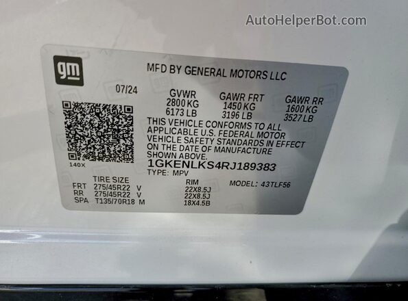 1GKENLKS4RJ189383 2024 GMC ACADIA White 