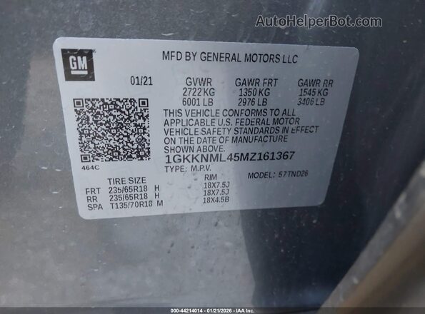 1GKKNML45MZ161367 2021 GMC ACADIA Silver Շարժիչի բաժամունքի տեսք