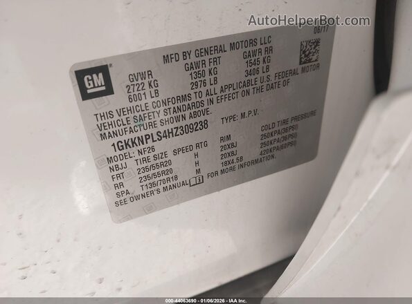 1GKKNPLS4HZ309238 2017 GMC DENALI White Vista del compartimento del motor