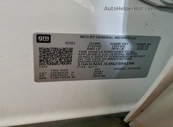 1GKKNXLS3NZ104196 2022 GMC ACADIA Белый Вид наклейки с VIN-кодом