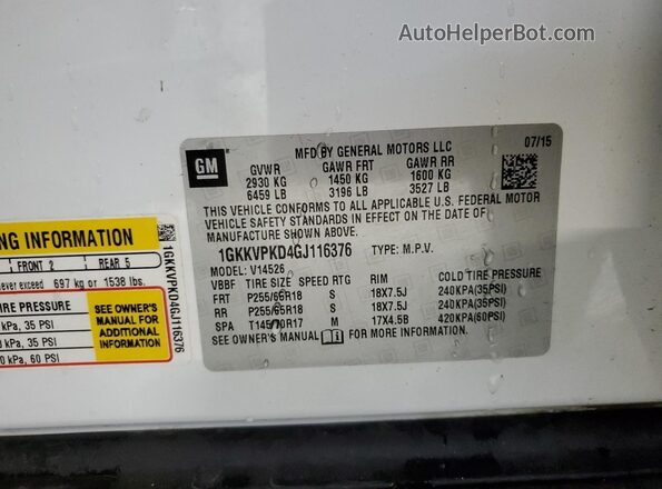 1GKKVPKD4GJ116376 2016 GMC ACADIA White Vista de la etiqueta del VIN