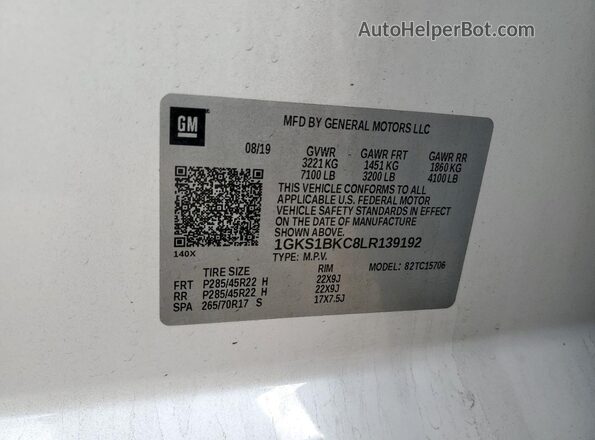 1GKS1BKC8LR139192 2020 GMC YUKON White Вид наклейки з VIN-кодом