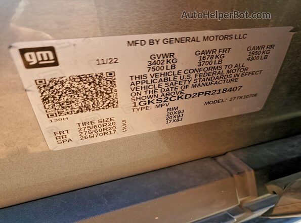 1GKS2CKD2PR218407 2023 GMC YUKON Gray VIN կոդի պիտակի տեսք