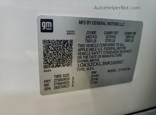 1GKS2CKL3NR160957 2022 GMC YUKON White Widok naklejki z numerem VIN