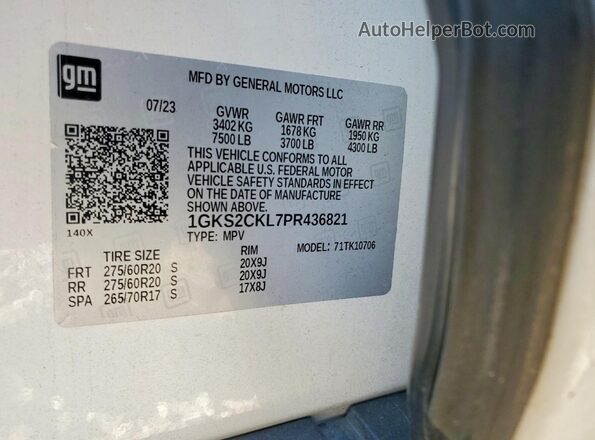 1GKS2CKL7PR436821 2023 GMC YUKON Белый Вид наклейки с VIN-кодом