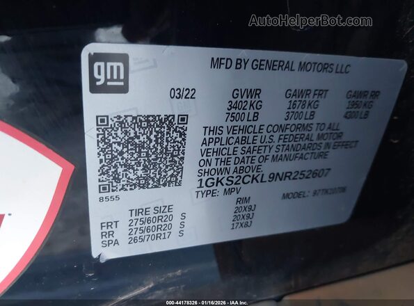 1GKS2CKL9NR252607 2022 GMC YUKON Black Вид підкапотного простору