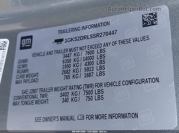 1GKS2DRL5SR270447 2025 GMC YUKON Gray 