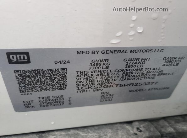 1GKS2GKT5RR253377 2024 GMC YUKON White VIN կոդի պիտակի տեսք