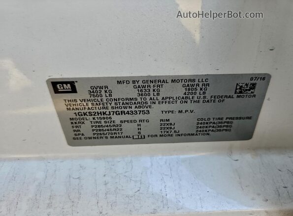 1GKS2HKJ7GR433753 2016 GMC YUKON White Vista de la etiqueta del VIN