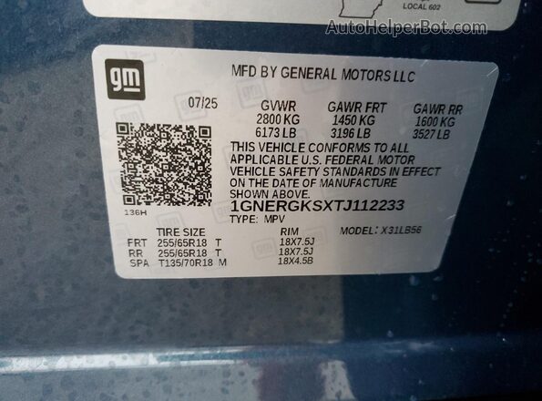 1GNERGKSXTJ112233 2026 CHEVROLET TRAVERSE Blue Vista interior de 360 grados