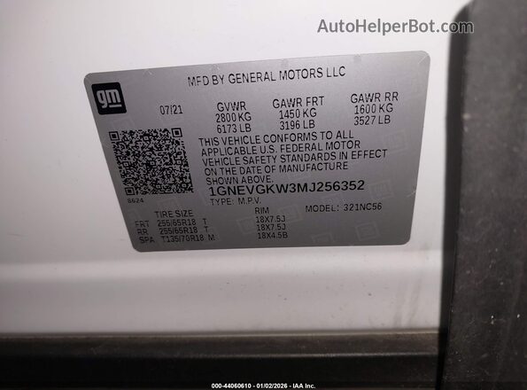 1GNEVGKW3MJ256352 2021 CHEVROLET TRAVERSE White Engine compartment view