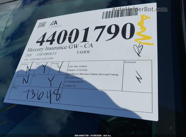1GNSCBKC5LR233995 2020 CHEVROLET TAHOE Black 