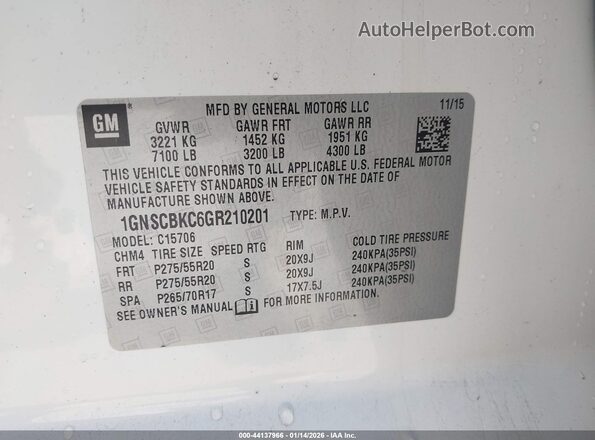 1GNSCBKC6GR210201 2016 CHEVROLET TAHOE Белый Вид подкапотного пространства