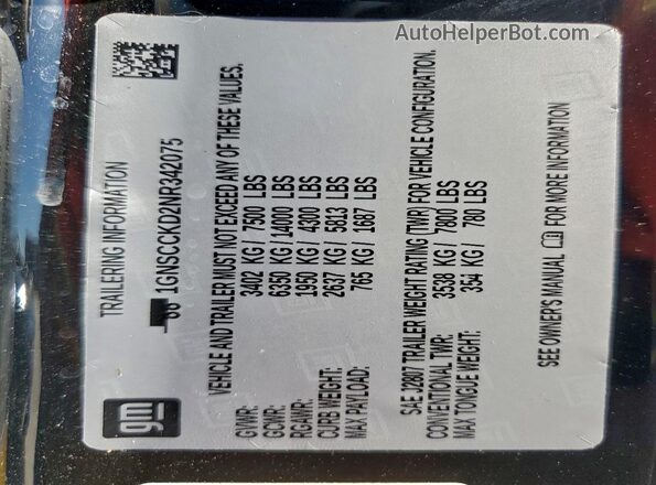 1GNSCCKD2NR342075 2022 CHEVROLET SUBURBAN Black VIN კოდის სტიკერის ხედი