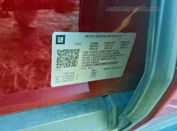 1GNSCEKD3MR245400 2021 CHEVROLET SUBURBAN Red VIN კოდის სტიკერის ხედი
