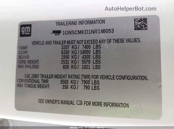 1GNSCMKD1NR146053 2022 CHEVROLET TAHOE White Вид підкапотного простору