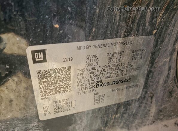 1GNSKBKC0LR203435 2020 CHEVROLET TAHOE Черный Вид наклейки с VIN-кодом