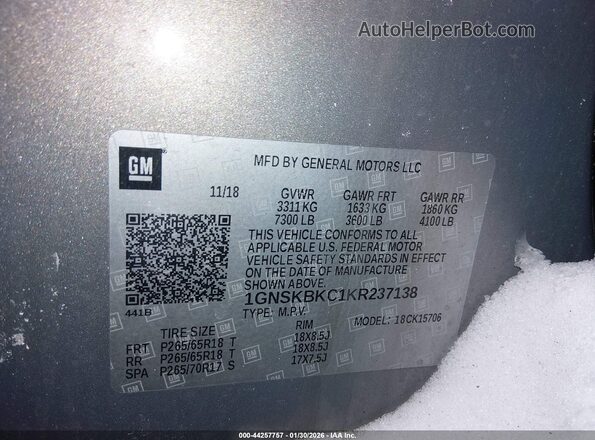 1GNSKBKC1KR237138 2019 CHEVROLET TAHOE Серый Вид подкапотного пространства