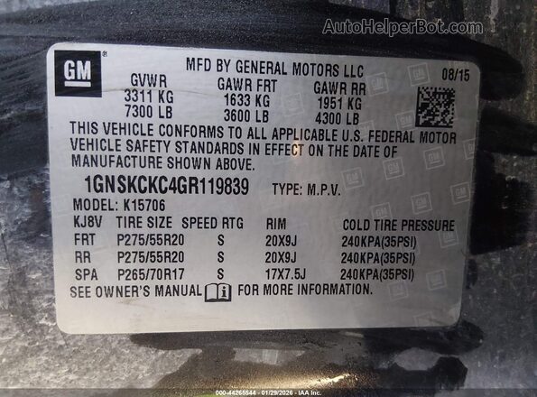 1GNSKCKC4GR119839 2016 CHEVROLET TAHOE Gray 