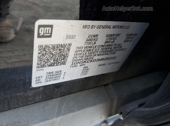 1GNSKCKD3NR293102 2022 CHEVROLET SUBURBAN Black VIN sticker view