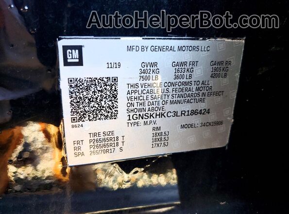 1GNSKHKC3LR186424 2020 CHEVROLET SUBURBAN Black VIN կոդի պիտակի տեսք
