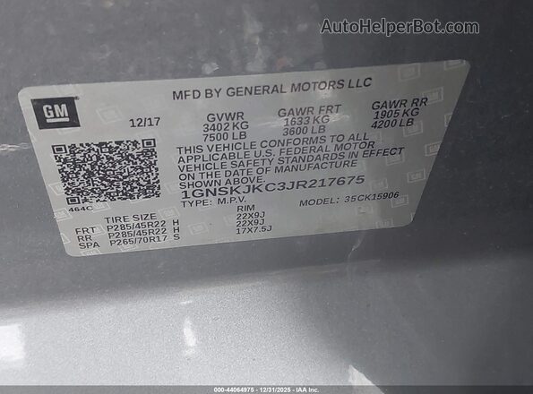 1GNSKJKC3JR217675 2018 CHEVROLET SUBURBAN Gray 
