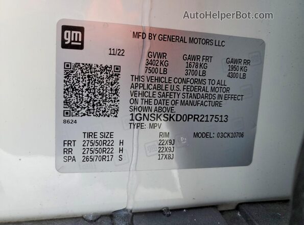 1GNSKSKD0PR217513 2023 CHEVROLET TAHOE White Widok naklejki z numerem VIN
