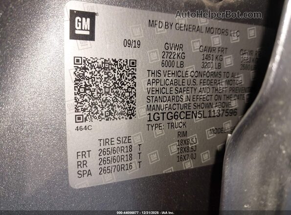 1GTG6CEN5L1137596 2020 GMC CANYON Gray Widok komory silnika