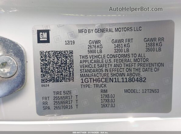 1GTH6CEN1L1180482 2020 GMC CANYON White ძრავის განყოფილების ხედი