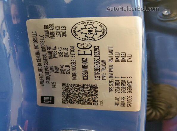 1GTP2BEK6S1192293 2025 GMC CANYON Blue Widok naklejki z numerem VIN