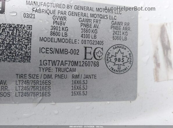 1GTW7AF70M1260768 2021 GMC SAVANA 2500 White 
