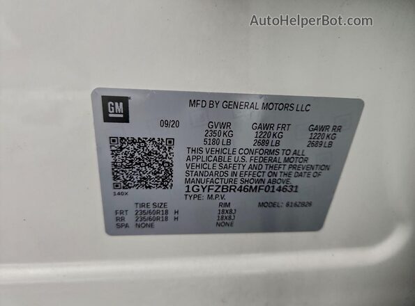 1GYFZBR46MF014631 2021 CADILLAC XT4 White VIN կոդի պիտակի տեսք