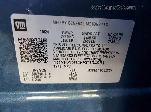 1GYFZDR46SF134051 2025 CADILLAC XT4 Синий Вид наклейки с VIN-кодом