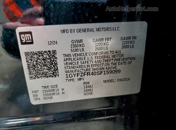 1GYFZFR40SF159099 2025 CADILLAC XT4 Blue VIN კოდის სტიკერის ხედი