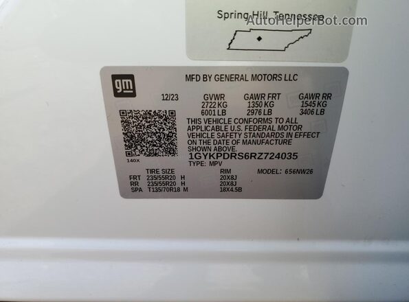 1GYKPDRS6RZ724035 2024 CADILLAC OTHER White Widok naklejki z numerem VIN