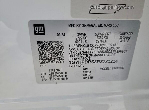 1GYKPDRS8RZ731214 2024 CADILLAC OTHER White Widok naklejki z numerem VIN
